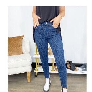 Judy Blue Skinny Jeans Womens 9/29 Blue Leopard Print Mid Rise Raw Hem